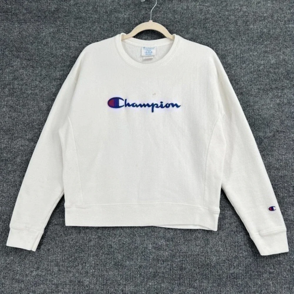 Champion Reverse Weave Sweatshirt Adult Large White Spellout Crewneck Pullover